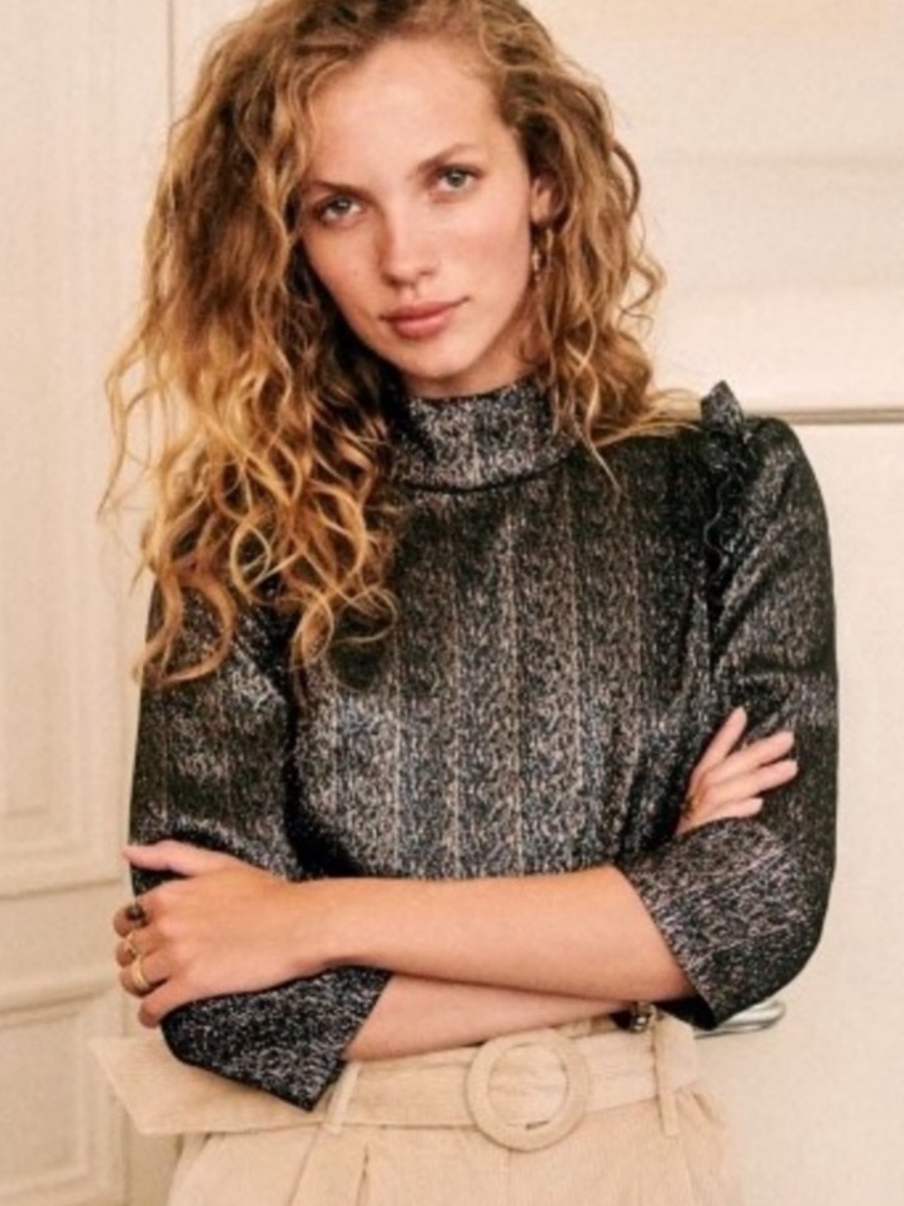 NWT Sezane Jackie Metallic Blouse in shimmering blue-black glitter pattern. 4.